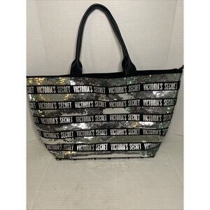 Victoria Secret Black And Silver Bling Sequin Tote Bag Zip Close